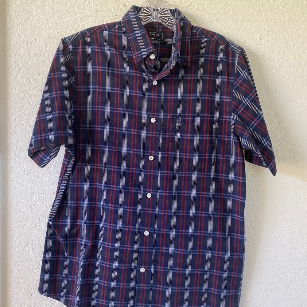 Dockers Short Sleeve Button Down Shirt Plaid Navy Red Green Medium M Oxford